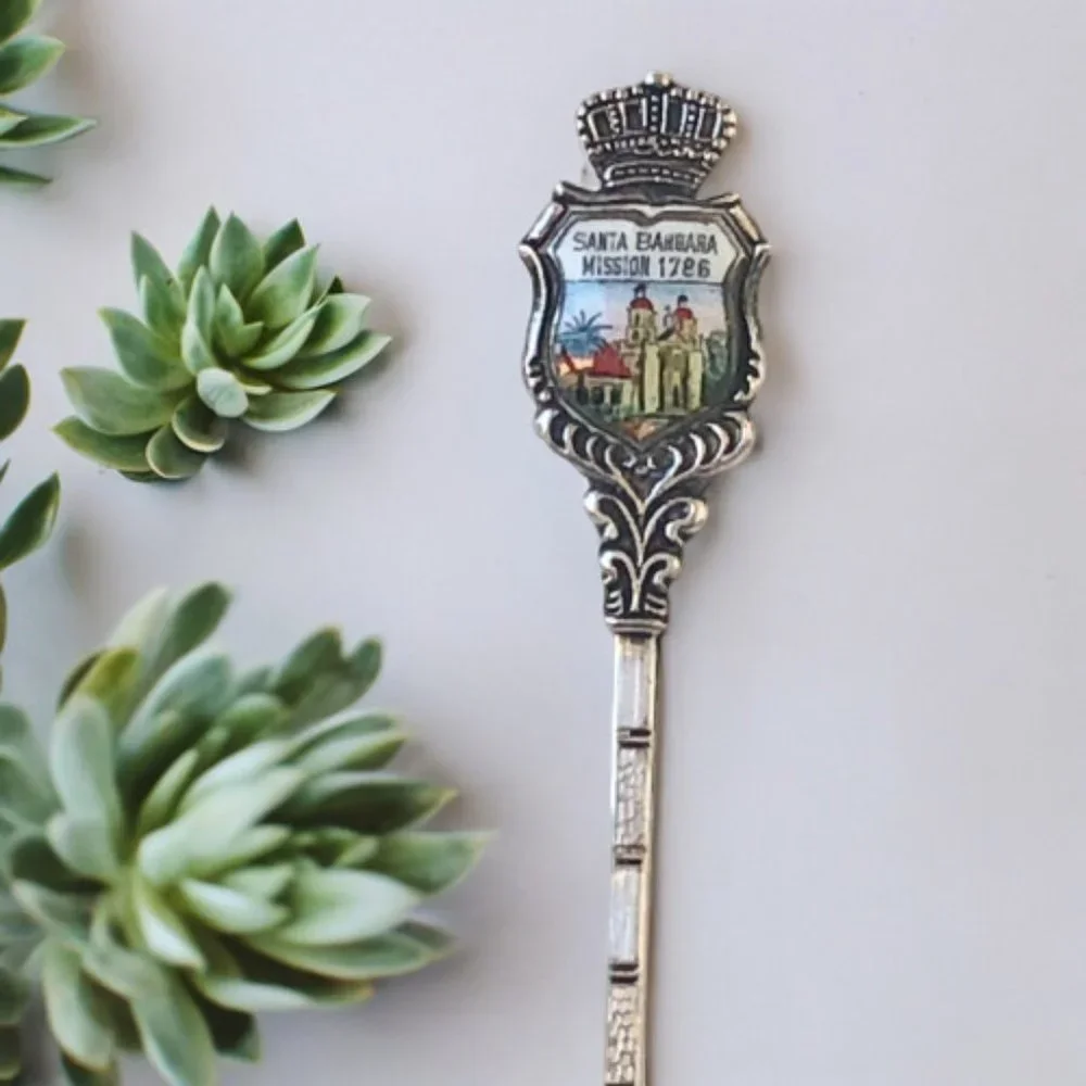 Santa Barbara Mission CA 1786 SilverPlate Souvenir Spoon TINY made in Germany